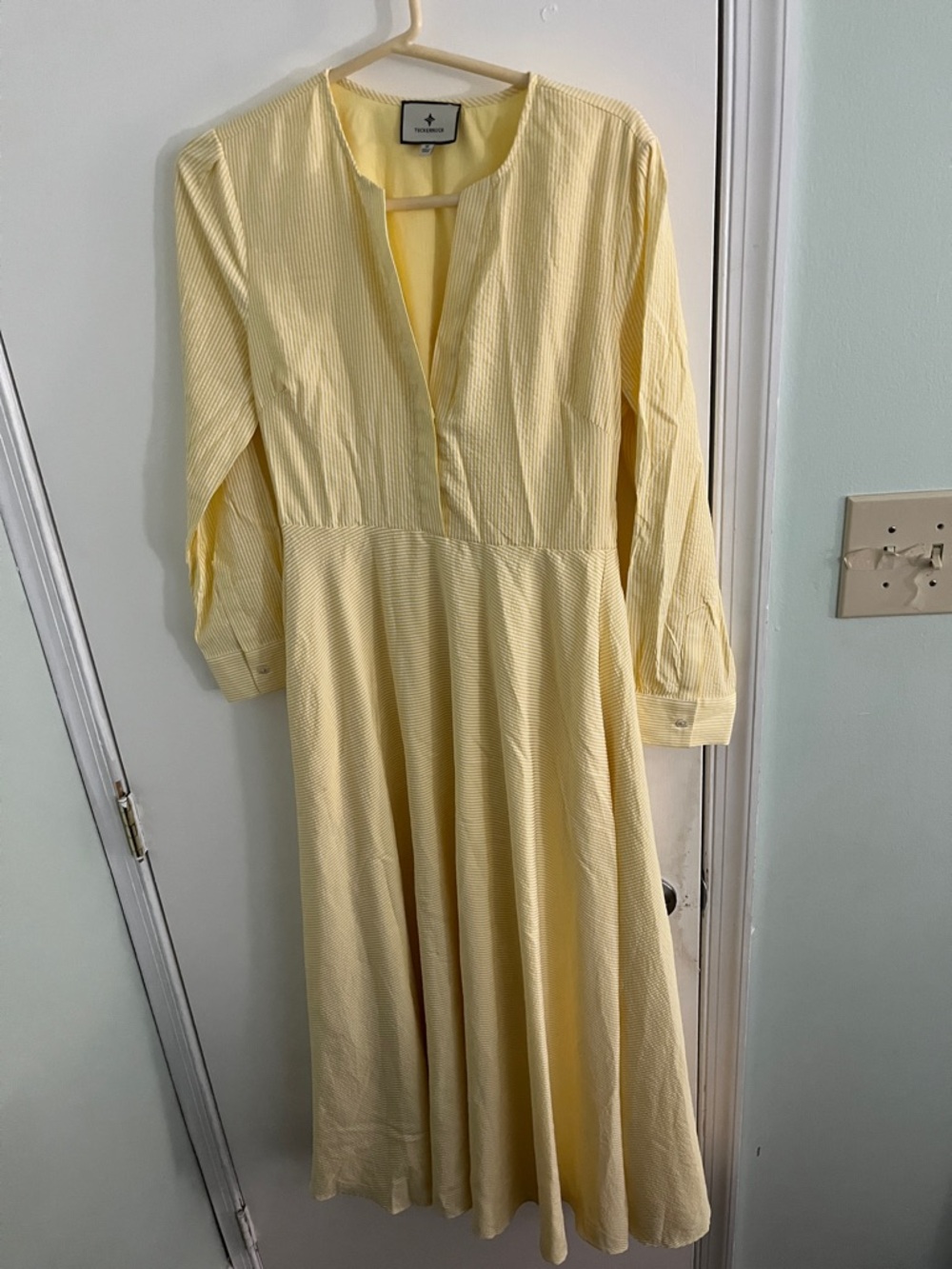 Tuckernuck Pale Yellow Midi Dress with V-Neck and Long Sleeves